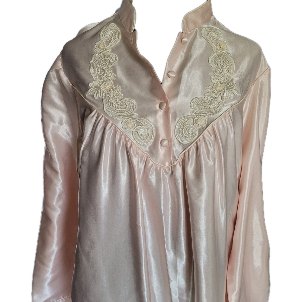 Vtg Appel NWT Peach Satin Nightgown Lace Yoke Long Sleeve Grandmacore Medium NOS
